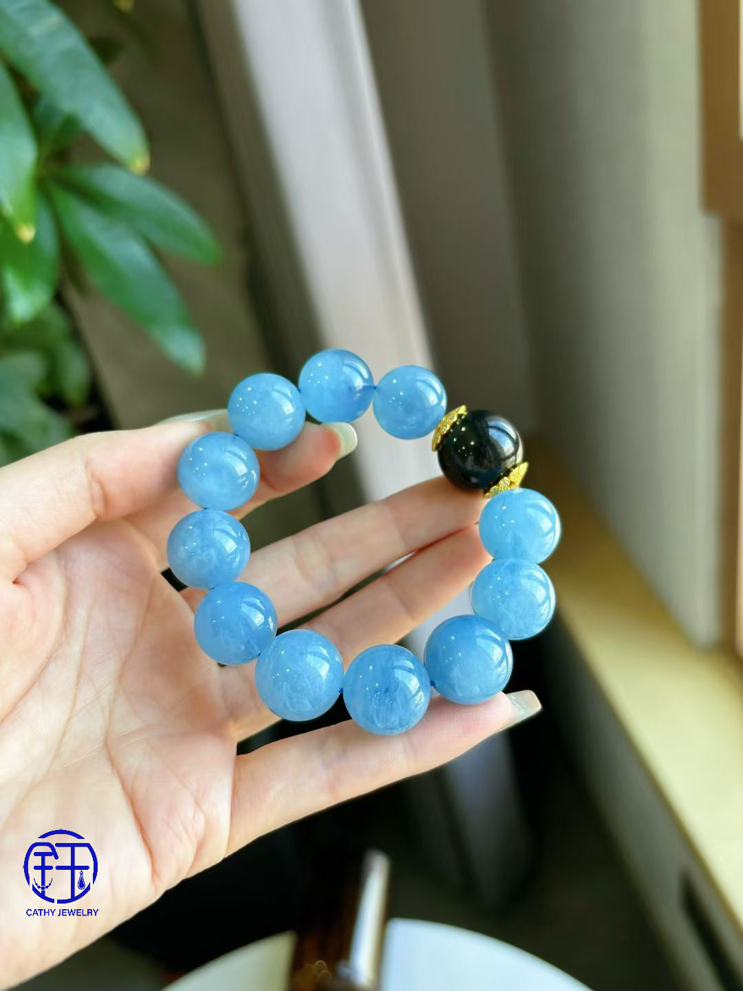 Azure Calm: Natural Aquamarine & Black Jade Bracelet 🌊