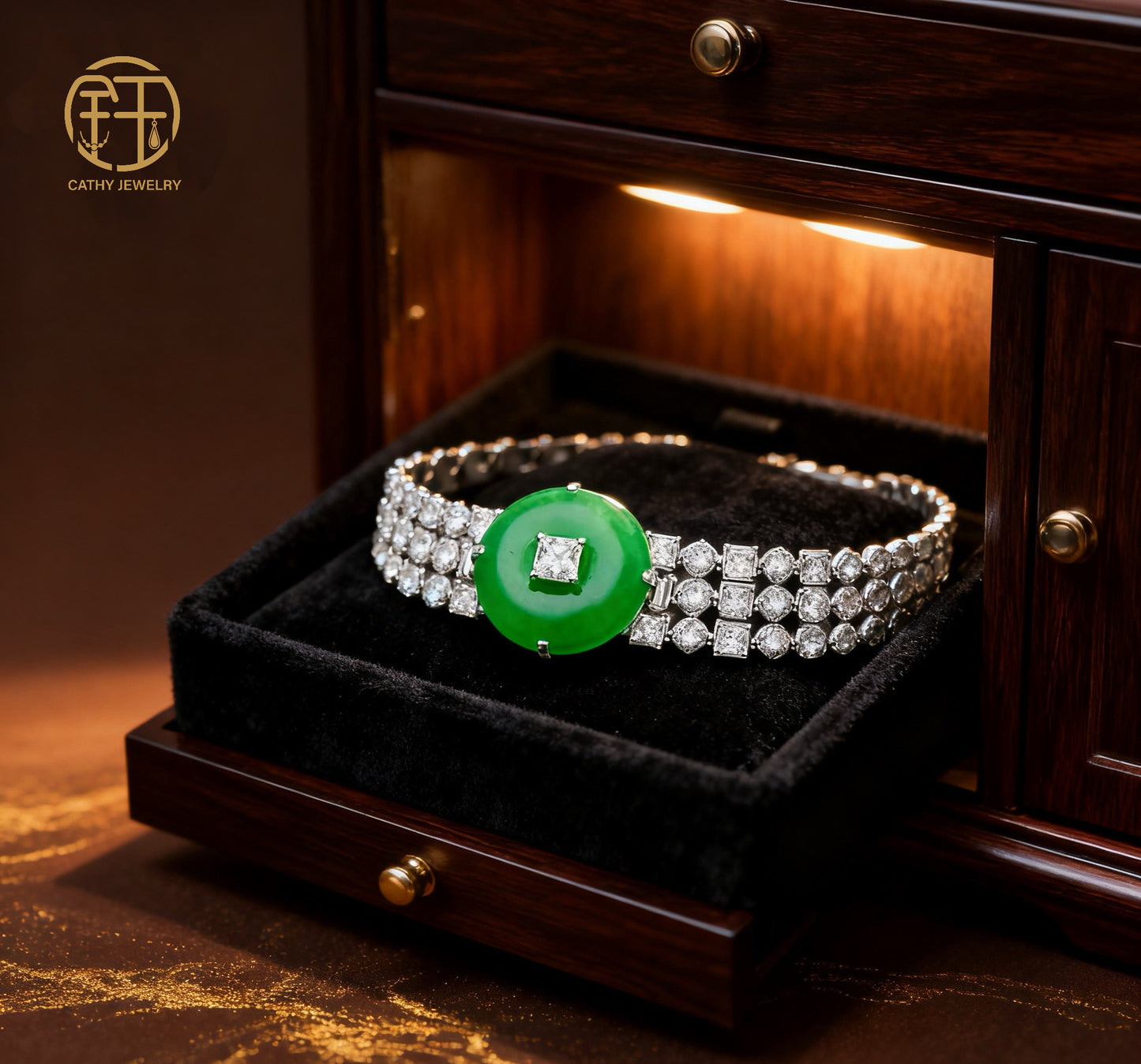 🍃Luxury Triple-Layer Diamond & Natural Imperial Green Peace Buckle Bracelet💎