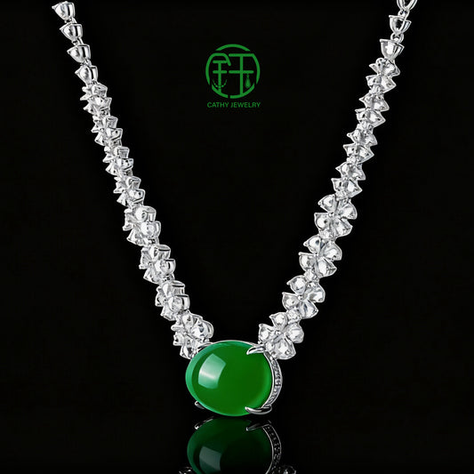 Natural Green Chalcedony Pigeon Egg - Shaped Necklace with Four - Prong Full Diamond Luxury Setting