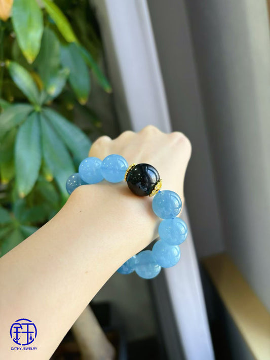 Azure Calm: Natural Aquamarine & Black Jade Bracelet 🌊