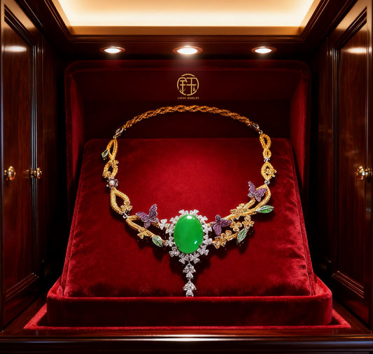 🌺 CATHY JEWELRY 『Jade Garden • Butterfly Among Blossoms』Natural Green Chalcedony Gala Necklace