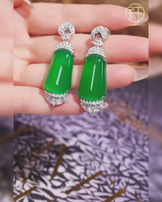 Imperial Green Natural Chalcedony "Peace & Serenity" Plain-Slab Drop Earrings