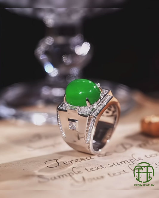 Imperial Green Natural Chalcedony Cabochon Saddle Ring (Unisex)